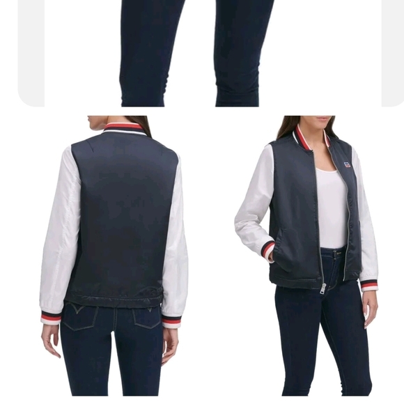 $100 LEVI'S Women's Jacket Bomber Jacket Stripe White Red Blue Coat Size M - Picture 2 of 3